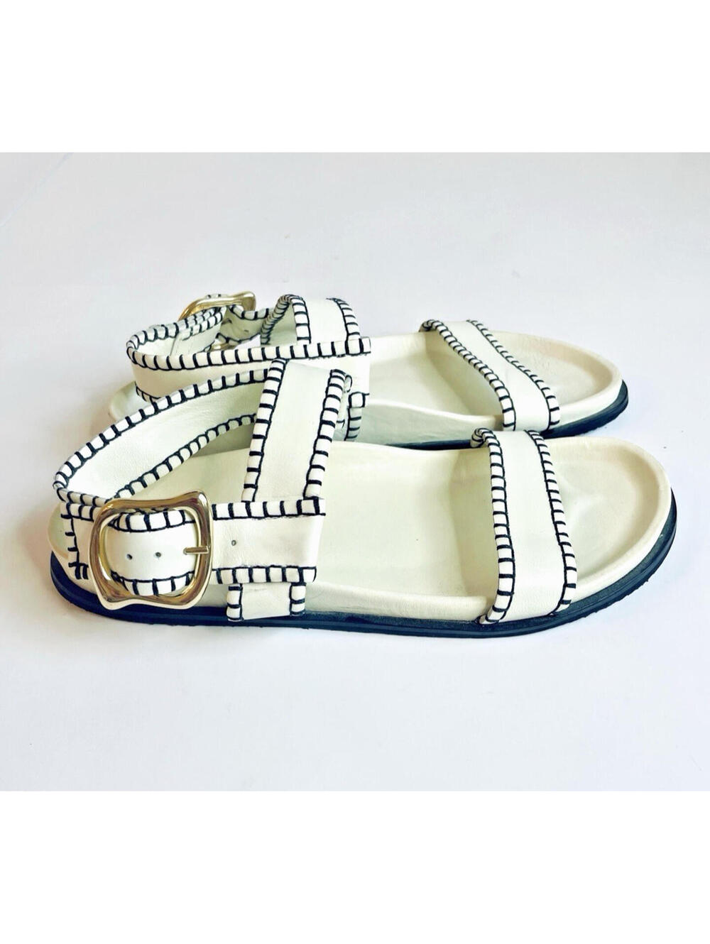 FRAME Le Marcel Leather Whipstitch Sandals Off White Womens 8.5 Good Condition